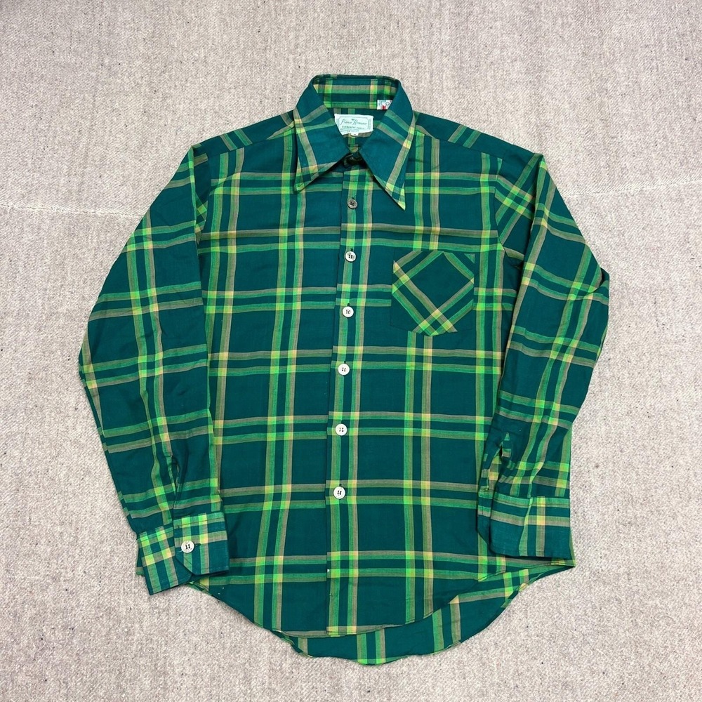 Vintage Prince Romano Button Up Shirt Mens Medium Green 1970s Plaid Long Sleeve